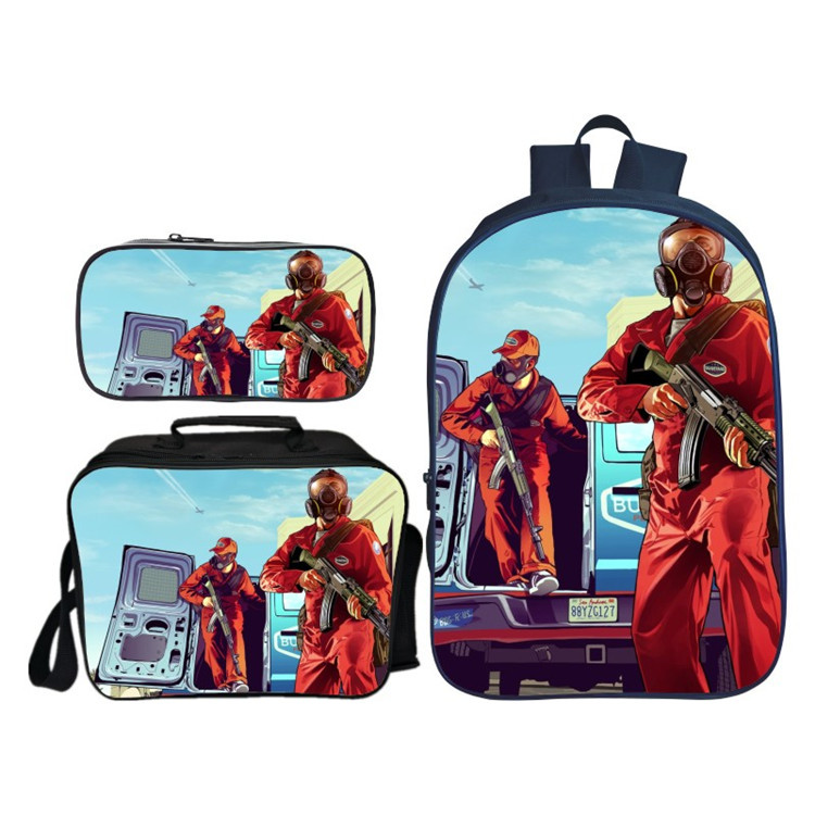 16″GTA 5 Backpack School Bag+Lunch Bag+Pencil Bag - Baganime