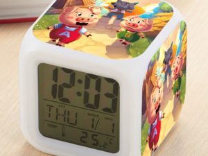Three Little Pigs Alarm Clock Led Light 7 Color Change Electronic Desk Watch Square Table